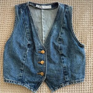 Zara Cropped Classic Blue Denim Vest